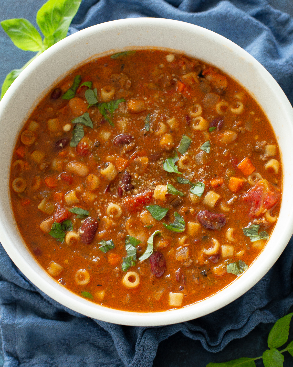 pasta e fagioli in a white pot